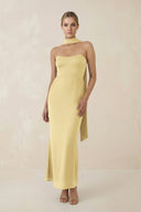 Strapless Sheath Midi Bridesmaid Dress With Ribbon in Pastel Yellow - KISS BRIDAL Bridesmaid Dresses
