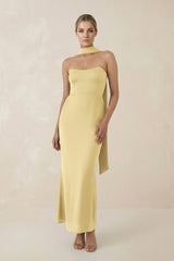 Strapless Sheath Midi Bridesmaid Dress With Ribbon in Pastel Yellow - KISS BRIDAL Bridesmaid Dresses