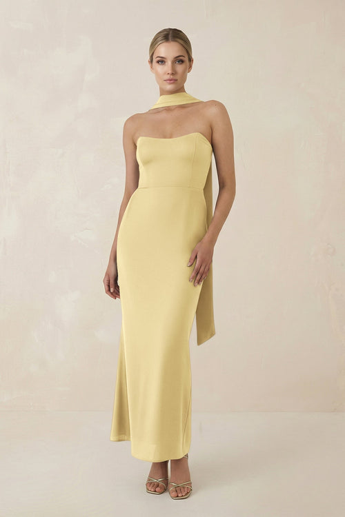 Strapless Sheath Midi Bridesmaid Dress With Ribbon in Pastel Yellow - KISS BRIDAL Bridesmaid Dresses