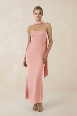 Strapless Sheath Midi Bridesmaid Dress With Ribbon in Rose Petal - KISS BRIDAL Bridesmaid Dresses