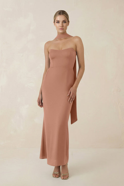 Strapless Sheath Midi Bridesmaid Dress With Ribbon in Rosette - KISS BRIDAL Bridesmaid Dresses