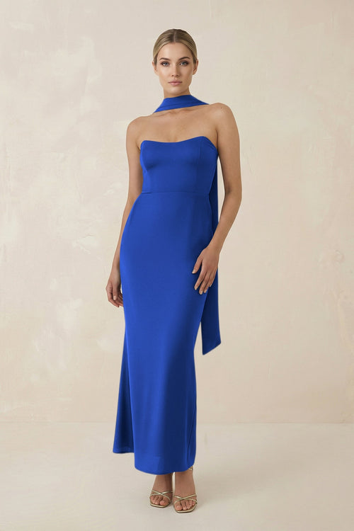 Strapless Sheath Midi Bridesmaid Dress With Ribbon in Royal Blue - KISS BRIDAL Bridesmaid Dresses