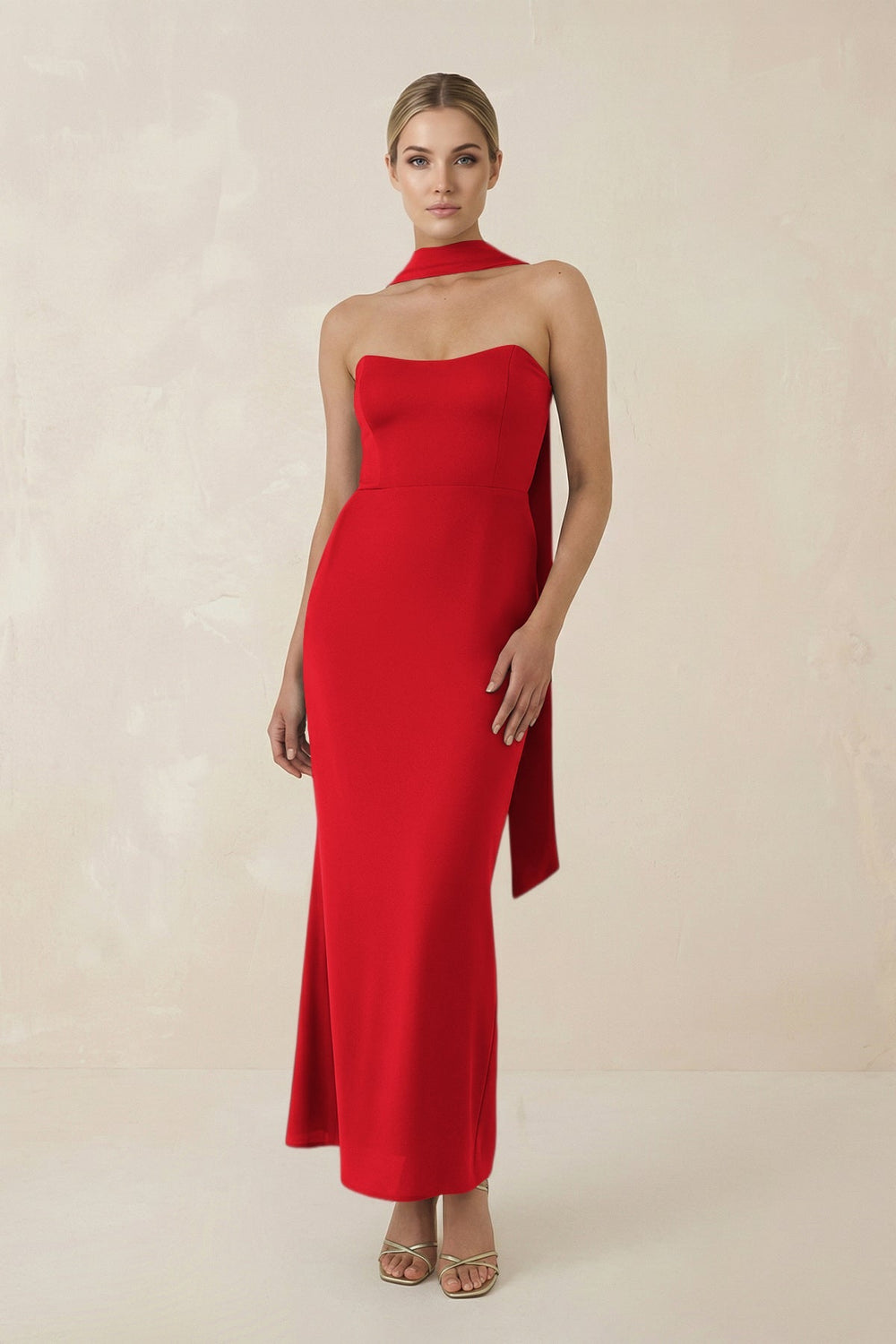 Strapless Sheath Midi Bridesmaid Dress With Ribbon in Ruby Red - KISS BRIDAL Bridesmaid Dresses