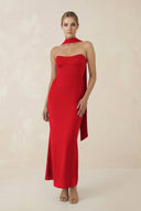 Strapless Sheath Midi Bridesmaid Dress With Ribbon in Ruby Red - KISS BRIDAL Bridesmaid Dresses