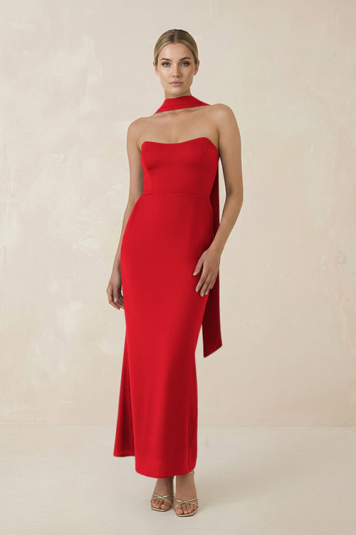 Strapless Sheath Midi Bridesmaid Dress With Ribbon in Ruby Red - KISS BRIDAL Bridesmaid Dresses