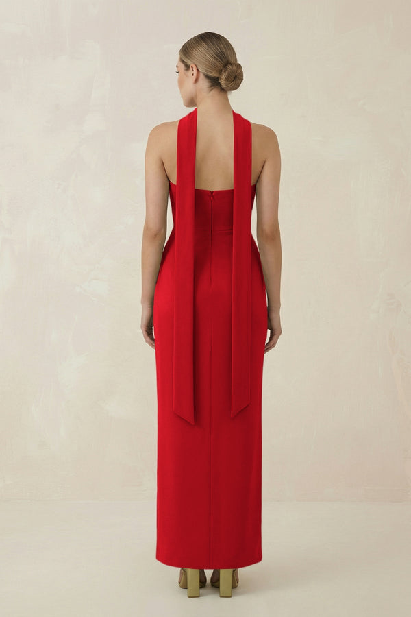 Strapless Sheath Midi Bridesmaid Dress With Ribbon in Ruby Red - KISS BRIDAL Bridesmaid Dresses