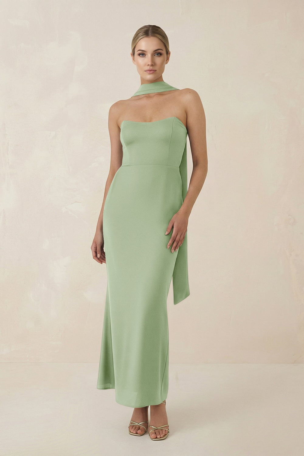Strapless Sheath Midi Bridesmaid Dress With Ribbon in Sage - KISS BRIDAL Bridesmaid Dresses