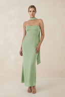 Strapless Sheath Midi Bridesmaid Dress With Ribbon in Sage - KISS BRIDAL Bridesmaid Dresses
