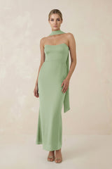 Strapless Sheath Midi Bridesmaid Dress With Ribbon in Sage - KISS BRIDAL Bridesmaid Dresses