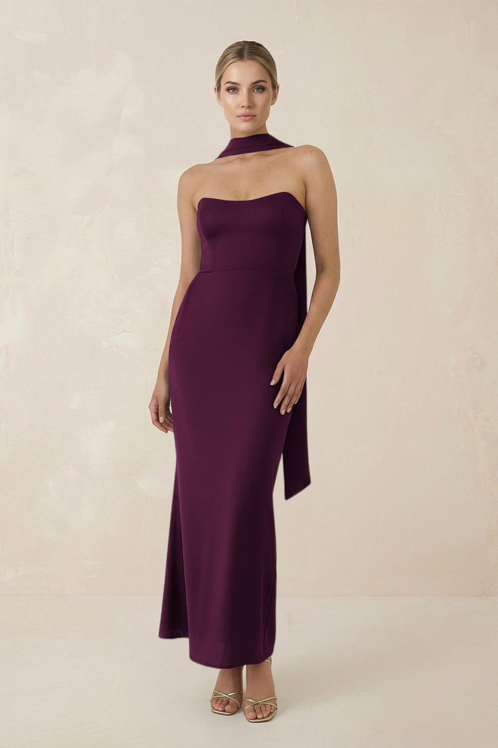 Strapless Sheath Midi Bridesmaid Dress With Ribbon in Sangria - KISS BRIDAL Bridesmaid Dresses