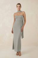 Strapless Sheath Midi Bridesmaid Dress With Ribbon in Silver - KISS BRIDAL Bridesmaid Dresses
