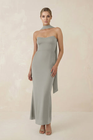 Strapless Sheath Midi Bridesmaid Dress With Ribbon in Silver - KISS BRIDAL Bridesmaid Dresses