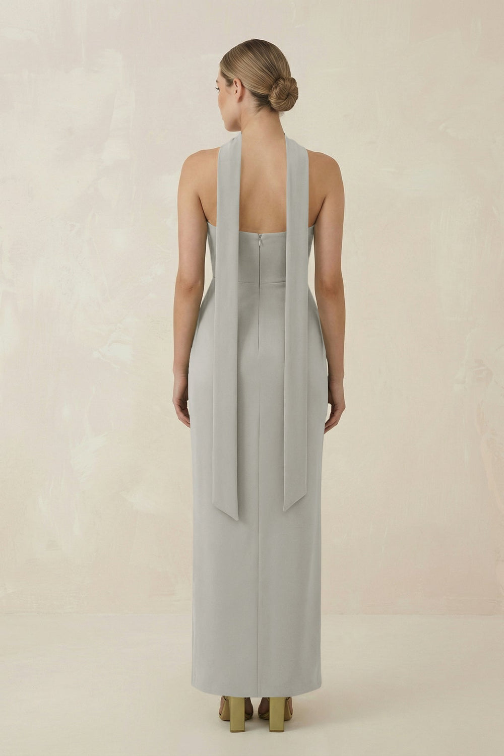 Strapless Sheath Midi Bridesmaid Dress With Ribbon in Silver - KISS BRIDAL Bridesmaid Dresses