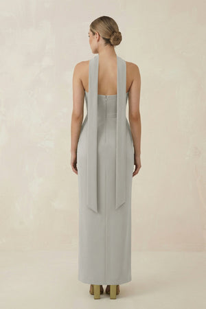 Strapless Sheath Midi Bridesmaid Dress With Ribbon in Silver - KISS BRIDAL Bridesmaid Dresses