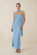 Strapless Sheath Midi Bridesmaid Dress With Ribbon in Sky Blue - KISS BRIDAL Bridesmaid Dresses