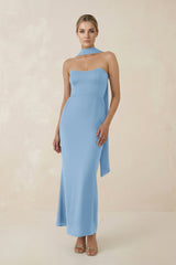 Strapless Sheath Midi Bridesmaid Dress With Ribbon in Sky Blue - KISS BRIDAL Bridesmaid Dresses