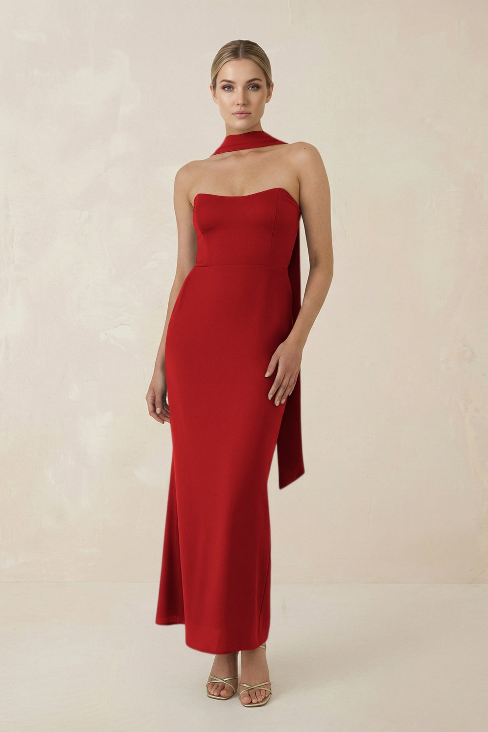 Strapless Sheath Midi Bridesmaid Dress With Ribbon in Spice - KISS BRIDAL Bridesmaid Dresses