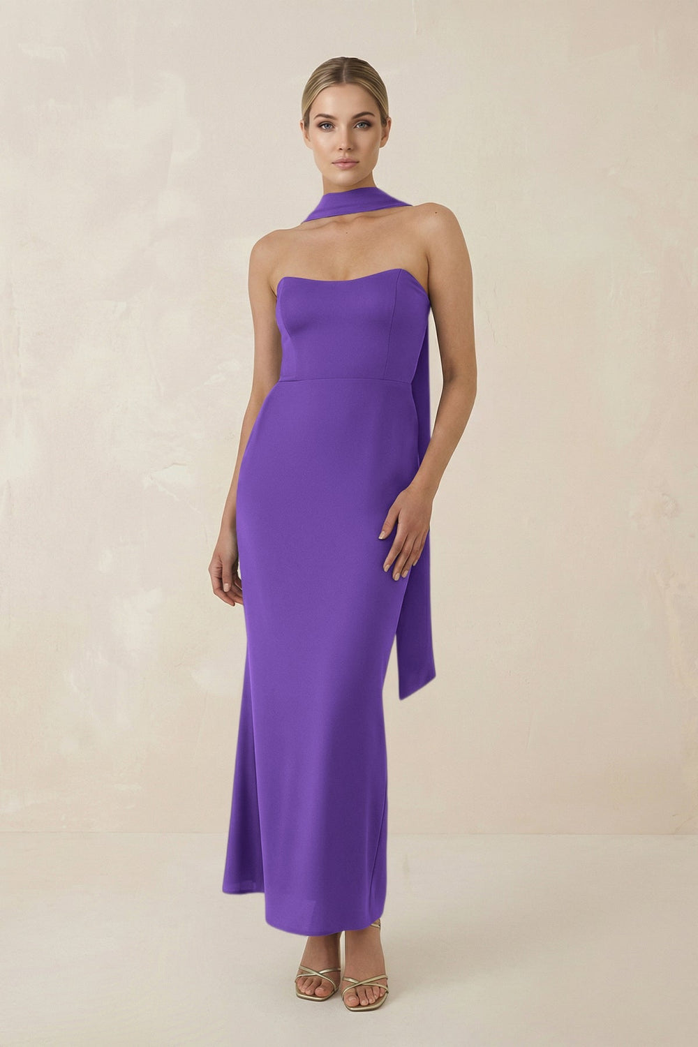 Strapless Sheath Midi Bridesmaid Dress With Ribbon in Tahiti - KISS BRIDAL Bridesmaid Dresses
