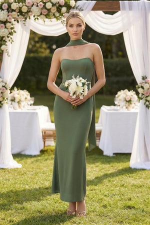 Strapless Sheath Midi Bridesmaid Dress With Ribbon in Thyme - SHE IS ME Bridesmaid Dresses