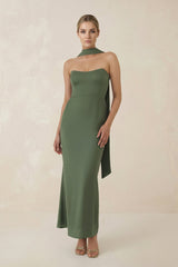 Strapless Sheath Midi Bridesmaid Dress With Ribbon in Thyme - KISS BRIDAL Bridesmaid Dresses
