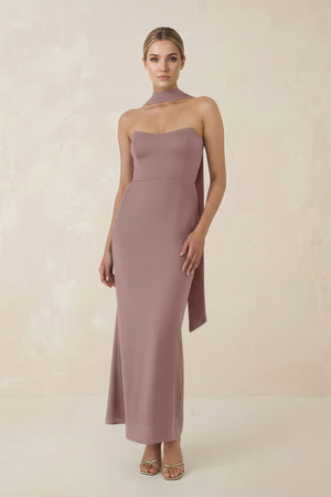 Strapless Sheath Midi Bridesmaid Dress With Ribbon in Toffee - KISS BRIDAL Bridesmaid Dresses