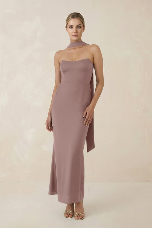 Strapless Sheath Midi Bridesmaid Dress With Ribbon in Toffee - KISS BRIDAL Bridesmaid Dresses