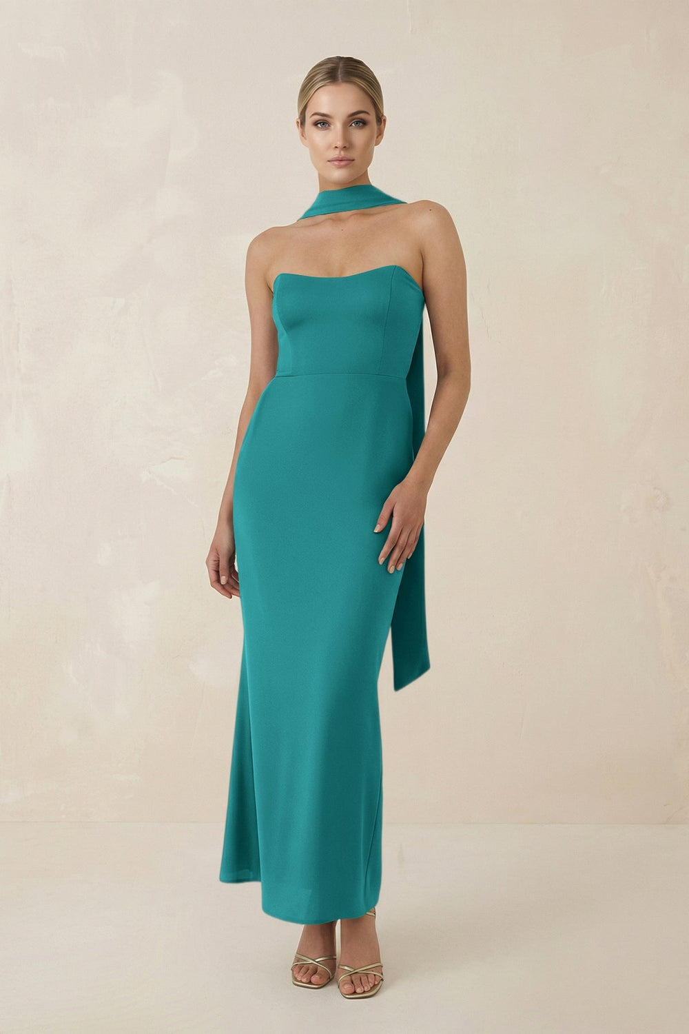 Strapless Sheath Midi Bridesmaid Dress With Ribbon in Turquoise - KISS BRIDAL Bridesmaid Dresses
