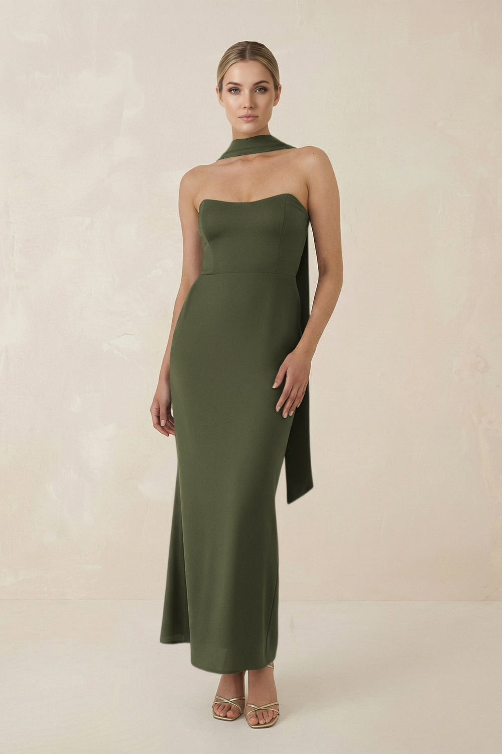 Strapless Sheath Midi Bridesmaid Dress With Ribbon in Willow Green - KISS BRIDAL Bridesmaid Dresses