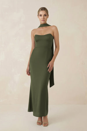 Strapless Sheath Midi Bridesmaid Dress With Ribbon in Willow Green - KISS BRIDAL Bridesmaid Dresses