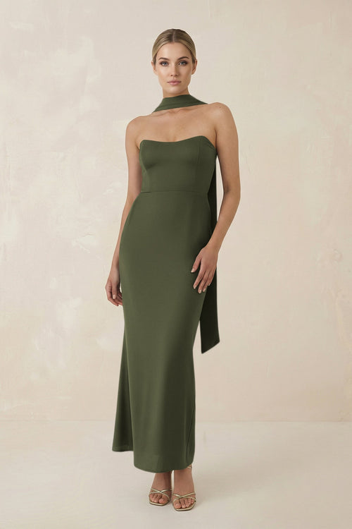Strapless Sheath Midi Bridesmaid Dress With Ribbon in Willow Green - KISS BRIDAL Bridesmaid Dresses