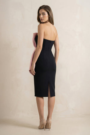 Strapless Sheath Midi Dress With Bow in Black and Pink
