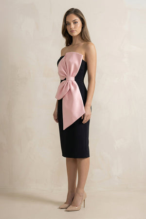 Strapless Sheath Midi Dress With Bow in Black and Pink