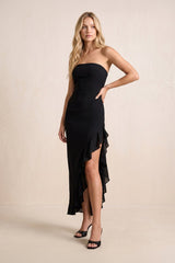 Strapless Sheath Midi Dress With Ruffled Slit in Black– KISS BRIDAL Dresses