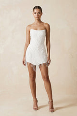 Strapless Sheath Mini Wedding Dress with Tassel in Diamond White- KISS BRIDAL Wedding Dresses