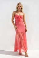 Strapless Sheath Open Back Midi Dress in Coral Pink - KISSBRIDAL