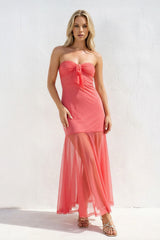 Strapless Sheath Open Back Midi Dress in Coral Pink - KISSBRIDAL