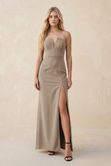 Strapless Sheath Satin Bridesmaid Dress With Slit in Almond - KISS BRIDAL Bridesmaid Dresses