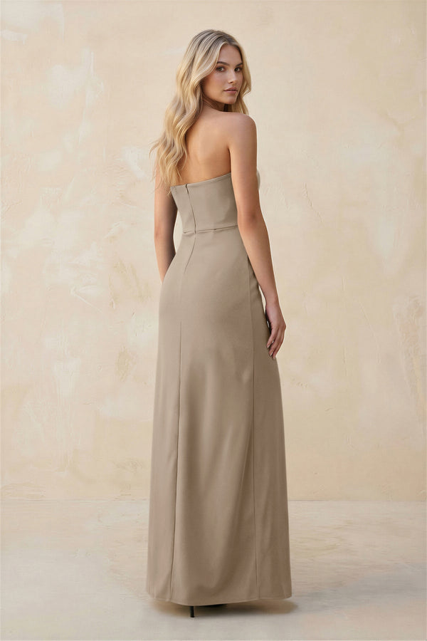 Strapless Sheath Satin Bridesmaid Dress With Slit in Almond - KISS BRIDAL Bridesmaid Dresses