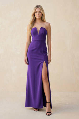 Strapless Sheath Satin Bridesmaid Dress With Slit in Amethyst - KISS BRIDAL Bridesmaid Dresses