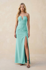Strapless Sheath Satin Bridesmaid Dress With Slit in Aqua - KISS BRIDAL Bridesmaid Dresses