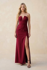 Strapless Sheath Satin Bridesmaid Dress With Slit in Berry - KISS BRIDAL Bridesmaid Dresses