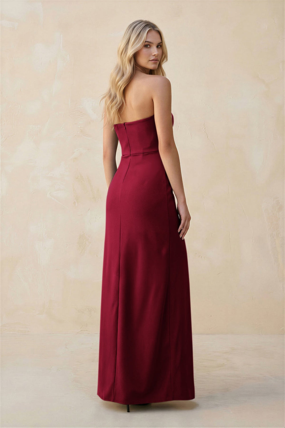 Strapless Sheath Satin Bridesmaid Dress With Slit in Berry - KISS BRIDAL Bridesmaid Dresses