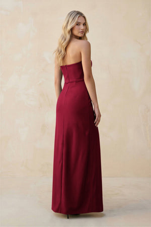 Strapless Sheath Satin Bridesmaid Dress With Slit in Berry - KISS BRIDAL Bridesmaid Dresses