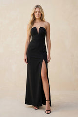 Strapless Sheath Satin Bridesmaid Dress With Slit in Black - KISS BRIDAL Bridesmaid Dresses