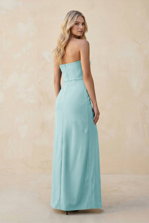 Strapless Sheath Satin Bridesmaid Dress With Slit in Bleached Aqua - KISS BRIDAL Bridesmaid Dresses