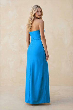 Strapless Sheath Satin Bridesmaid Dress With Slit in Blue Jay - KISS BRIDAL Bridesmaid Dresses