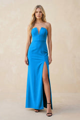 Strapless Sheath Satin Bridesmaid Dress With Slit in Blue Jay - KISS BRIDAL Bridesmaid Dresses