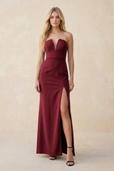 Strapless Sheath Satin Bridesmaid Dress With Slit in Burgundy - KISS BRIDAL Bridesmaid Dresses
