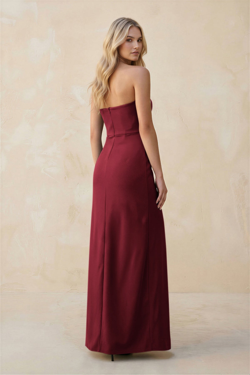 Strapless Sheath Satin Bridesmaid Dress With Slit in Burgundy - SHE IS ME Bridesmaid Dresses
