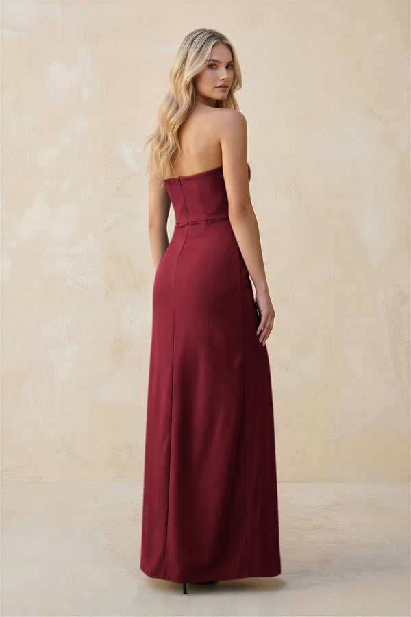 Strapless Sheath Satin Bridesmaid Dress With Slit in Burgundy - KISS BRIDAL Bridesmaid Dresses